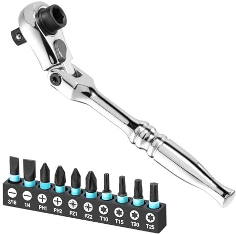 SHALL 1/4'' Drive Ratchet Wrench, 2-in-1 Socket & Bit Driver, 72-Tooth Reversible Flex Head Ratchet Wrench with 10 Bits