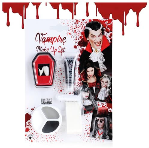 COM-FOUR® Coffret de Maquillage Halloween 5 pièces - Accessoires de Costume de Vampire avec Dents de Vampire, Faux Sang, éponge, Perles adhésives et Palette de Maquillage