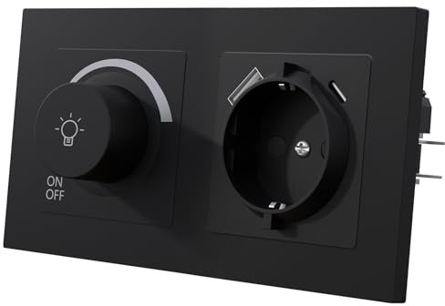 MVAVA Interruptor de luz regulable de 1 vía, 1 vía, con enchufe, interruptor de luz empotrable, 86 mm x 86 mm, para luces LED regulables, bombillas incandescentes de plástico negro