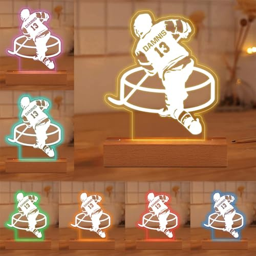 MYZQIFF Personalisierte Hockey Spieler 3D Illsuion Lampe für Jungen, kundenspezifische Namensnummer Dimmable Led Hockey Nachtlicht, Weihnachten Geburtstag Hockey Geschenke