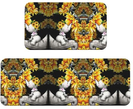 Teppich mit Elefantenmotiv und Sonnenblumen-Motiv, rutschfeste Küchenmatten, Bauernhaus-Kochmatten, wasserdichte Teppiche, für Bürowäsche, 2 Stück