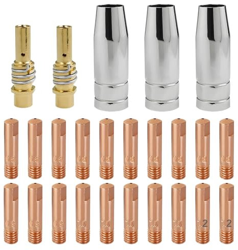 Udbrud 25 Stück Verschleißteile Set, MIG MAG Schweißzubehör passend 15AK MB15, Schutzgasschweißgerät Zubehör mit 20 Stromdüse M6 0,6mm 0,8mm 0,9mm 1,0mm 1,2mm 3 Gasdüse 2 Düsenstock für Schweißbrenner