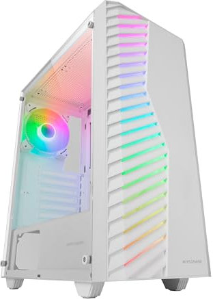Mars Gaming MC-Volt, Caja Gaming ATX, Ventilador ARGB 120mm, Rejilla Frontal ARGB, Ventana Lateral Completa Cristal Templado, Gestión de Cableado, Semitorre PC, Soporte Refrigeración Líquida, Blanco
