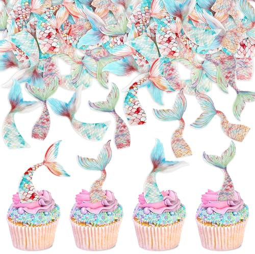 Blumomon 40 Stück Meerjungfrau Cupcake Topper Essbare Geburtstagstorte Topper Unter dem Meer Party Supplies Kuchen Dekoration Ocean Party