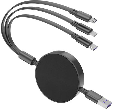 Qreninv Cable de Carga Retráctil 3 en 1 (6A, 1.1M) con Micro USB, Tipo C y Phone para Cargador Rápido de Galaxy y LG Tabletas y otros dispositivos electrónicos diversos