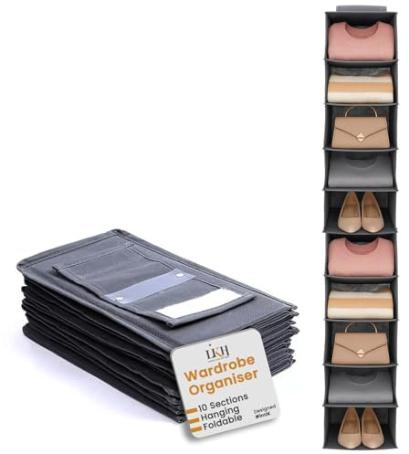 LKH Hanging Wardrobe Storage Organiser with 10 Shelves | Foldable Hanging Closet Organizer for Clothes, Shoes & Toys | 113x28x15cm Space-Saving Fabric Wardrobe Storage with Velcro Fastening