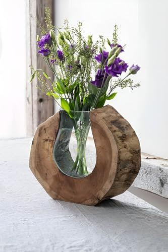 Dekoleidenschaft Vase Wurzelholz aus Holz & Glas, balinesische Handwerkskunst, Glasvase in Holzscheibe, Blumenvase