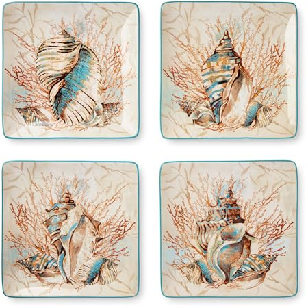 Escape to the Sea Speiseteller, 26,7 cm, Küstenmuschel- und Korallen-Design, langlebige Keramik, mikrowellen- und spülmaschinenfest, Ozean-inspiriertes Geschirr für Innen- und Außenbereich, 4 Stück