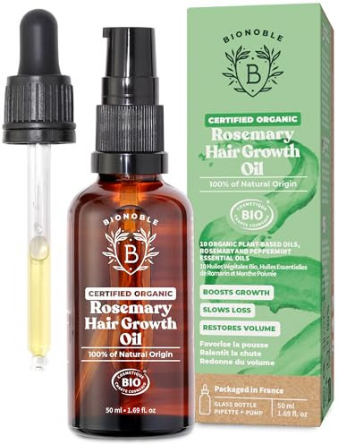 BIONOBLE Huile de Romarin pour Cheveux Bio - Favorise la Pousse et Ralentit la Chute - Huile Essentielle Romarin, Ricin, Argan et Jojoba - Rosemary Oil for Hair Growth - Flacon Verre + Pipette - 50ml