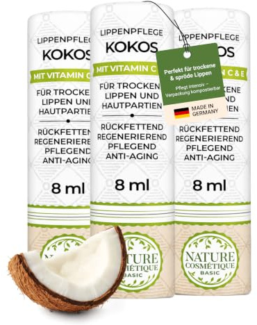 Nature Cosmétique® Basic Lippenpflege 3er KOKOS (Süßlich, Nussig) – natürlicher Lippenbalsam BIO – Pflege & Regeneration bei normale, trockene, rissige Haut – Plastikfrei, Papier Push-up Hülse