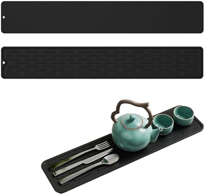 WOUYTPE Alfombrilla Escurreplatos Silicona 55*88cm, Antideslizante Escurreplatos Estrecho, Alfombra Escurreplato, para Copas de Vino, Vasos, Tablas de Cortar, Cuchillos y Tenedores (Negro)