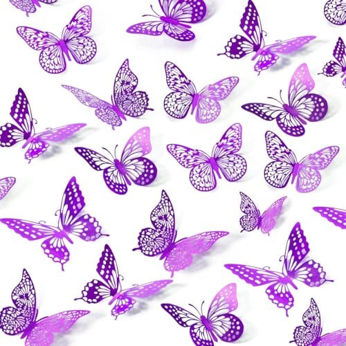 UCLEVER 3D Schmetterlinge Lila metallic Deko, 48 Stück 4 Stile, 3 Größen Schmetterling Dekorationen für Geburtstag & Party Feiern (Lila)