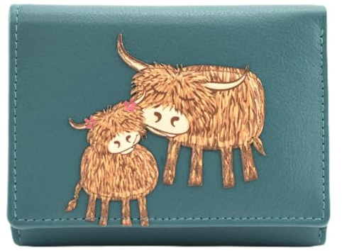 Bella Highland Cow Leather Mum Daughter Love Tri-Fold Purse Wallet in Teal Green