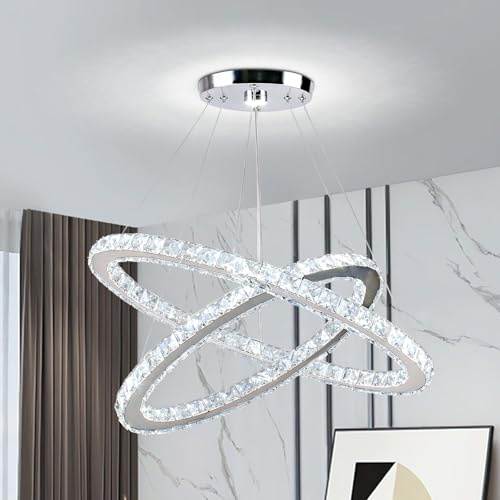 Cainjiazh Ovale 2-Ring Kristall-Pendelleuchte LED, 6500K | Höhenverstellbare Kaltweiß LED Hängeleuchte für Kücheninsel, Esszimmer, Wohnzimmer und Schlafzimmer