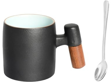 Kaiyzo Ensemble de Tasse Expresso Céramique avec Cuillère Inox 304 et Tasse à Café Expresso 70ml, Manche en Bois, Noir à Intérieur Bleu Clair pour Café, Latte, Thé