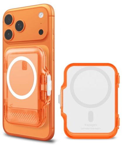 Spigen TinTap MagFit+ Magnetic MagSafe Wallet for iPhone 17-12 Series | 5-Card magnetic wallet with secure locking system and smooth card access - Frost Clear Orange