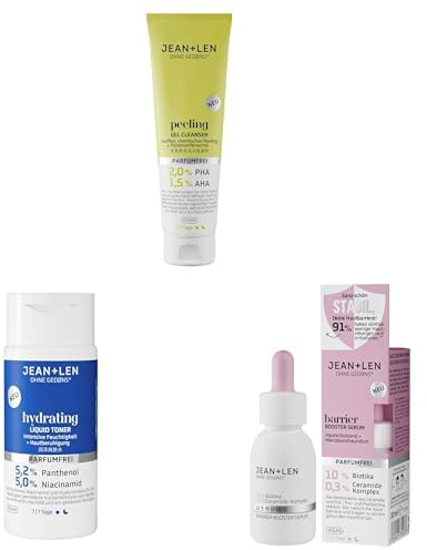 Jean & Len Gesichtspflege 3er Bundle Set: Peeling Gel Cleanser 125ml (chemisches Peeling) + Hydrating Liquid Toner 150 ml + Barrier Booster Serum 30 ml, parfümfrei, vegan, Feuchtigkeit & Hautbarriere
