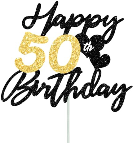 Gleevio Tortendeko 50. Geburtstag Mann Frau, Glitzer Kuchen Deko 50 Geburtstag Frau, Cake Topper 50 Geburstagdeko, Happy 50th Birthday Tortendeko, 1976 Kuchen Topper Fünfzig, 16cm, Schwarz Gold
