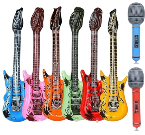 6Pcs Inflatable Guitars and Microphones Set, 6 Random Inflatable Guitars and 2 Random Blow Up Microphones, Party Decoration and Musical Theme Events, Portable Inflatables for Indoor and Outdoor Use