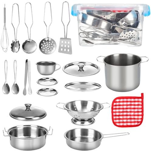 20 STK Matschküche Zubehör, Edelstahl Kinderküche Zubehör Set, Pretend Küchenspielzeug für Kinder mit Aufbewahrungsbox Aus Kunststoff, Küchenutensilien Kinder für Jungen und Mädchen