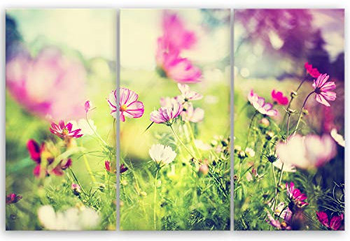 ge Bildet Bild auf Leinwand | Frühling - blumen natur Wiese rosa pink Q in 120x80 cm mehrteilig als Wandbild XXL | Wand-deko Dekoration Wohnung modern Bilder | 2213