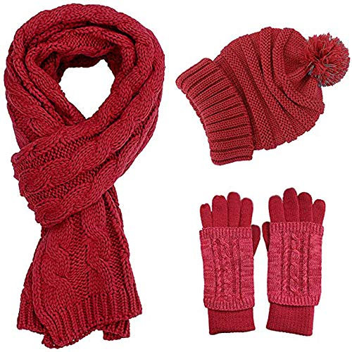 SHADDOCK Mütze Schal Handschuh-Sets für Damen Stricken Mütze Hut Gestrickte Langer Schal Touchscreen-Handschuhe Unisex 3 in 1 Winter Kombi Geschenkset(Weinrot)
