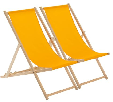 Harbour Housewares Folding Wooden Deck Chairs – Orange – Pack of 2 – Adults Traditional Foldable Reclining Outdoor Canvas Sun Lounger Chair Seat for Garden Patio, Beach, Camping