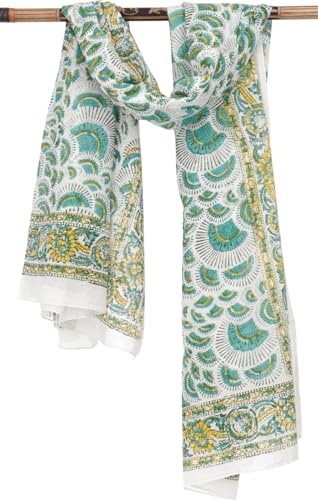 GURU SHOP Leichter Pareo, Sarong, Handbedrucktes Baumwolltuch - Grün Kombination 22, Herren/Damen, Baumwolle, 190x120 cm