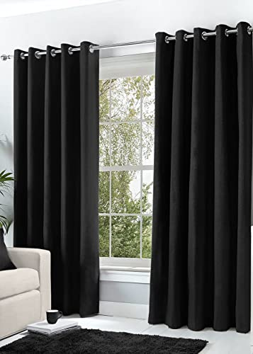 Hachette Thermal Blackout Curtains Eyelet Ring Top Including Pair of Tiebacks (Black, 90 X 90)