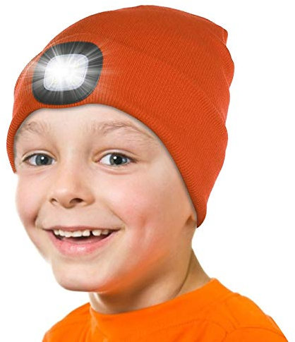 Attikee Kids LED Beanie with Headlamp - Rechargeable 4 LED Lighted Hat with Torch, Adjustable Brightness Winter Knit Cap for Cycling, Running, Camping, Night Walking for Boys & Girls Orange
