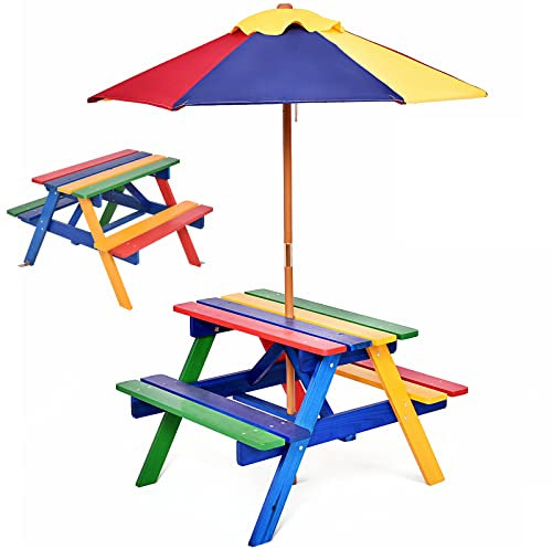 RELAX4LIFE Ensemble Salon de Jardin pour Enfant Comprenant 1 Table 2 Bancs 1 Parasol Centré en Couleurs Vives, Table de Jardin pour Pique-Nique Cour Patio Piscine (Coloré, Bois | Dia.120x140cm)