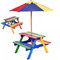RELAX4LIFE Ensemble Salon de Jardin pour Enfant Comprenant 1 Table 2 Bancs 1 Parasol Centré en Couleurs Vives, Table de Jardin pour Pique-Nique Cour Patio Piscine (Coloré, Bois | Dia.120x140cm)