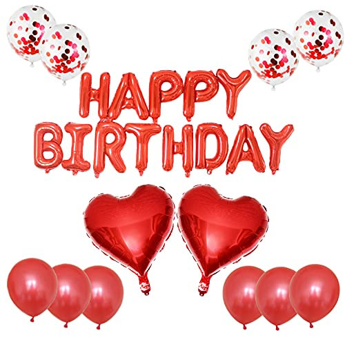 13 Stück Rot Geburtstagsdeko, Latex Luftballons Rot, Rot Folien Ballons mit Konfetti Luftballons, Alles Gute zum Geburtstag Folien Ballon, Verwendet für Geburtstagsfeiern, Urlaubspartys (Rot)