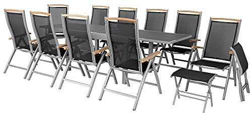 ib style® Diplomat Silber XXL Ausziehtisch 135-270 cm | Premium Gartentisch | Anti Fingerprint | Frozen Glas | Inkl. 10 Klappstühle +2 Fußbänke