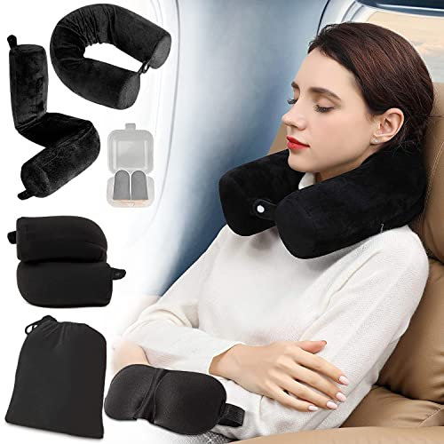 EPROICKS Reisekissen Flugzeug, Kann Biegen Nackenhörnchen, Travel Nackenkissen Memory Foam für Nacken, Kinn, Taille, Knie, Kopf Stützen, Geeignet für Busse, Züge, Bett, Büro (Schwarz)