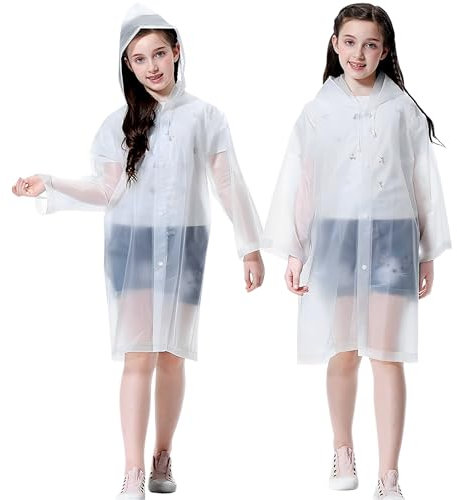 Rain Ponchos Raincoats for Kids, 2 Packs Rain Coats Jacket Reusable with Hood for Boys Girls Disney Hiking Camping Outdoor, 2 White