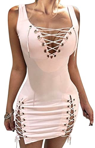 ORANDESIGNE Robe Femme Sexy Club Libertin Chic Crayon Mini Courte Moulante Clubbing Érotique Col V Profond Bandage De Soiree Wrap Bodycon Dress Clubwear Fete Bal Party Rose M