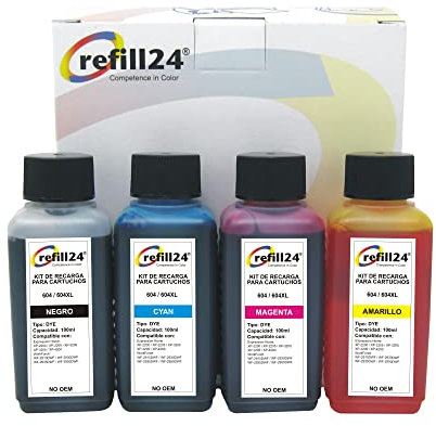 refill24 Nachfülltinte kompatibel mit Epson 604 / 604XL Druckerpatronen (Ananas), Nachfülltinte geeignet für Epson Expression Home XP Workforce WF, Refillset mit 400 ml Druckertinte