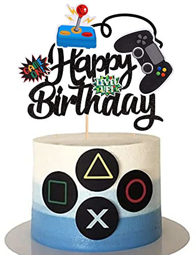 Xsstarmi 1 Pack Happy Birthday Cake Topper Video Game Happy Birthday Cake Pick GamePad Cake Decorations for Game Theme Baby Shower Kids Birthday Party Decorations Supplies Black