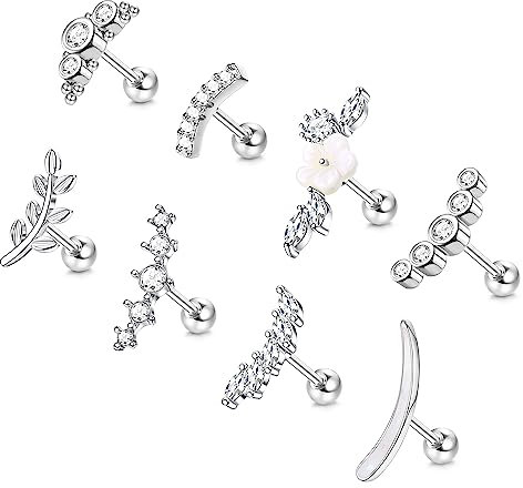 Adramata 8Pcs 16G Helix Piercings Chirurgenstahl Ohrringe Piercing Set Opal Blume Ohr Piercing Ohrringe Set Ohrstecker Daith Conch Knorpel Ohrpiercing Gold Silber Helix Piercing Ohr Schmuck