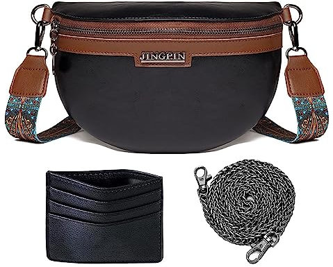 HAWILL Damen Bauchtasche Kleine Crossbody Bag Damen Breiter Gurt Leder Hüfttaschen Mode Sportlich Umhängetasche Moderne Taschen mit Abnehmbar Schultergurt, Schwarz Kreditkartenpaket Senden (Schwarz)