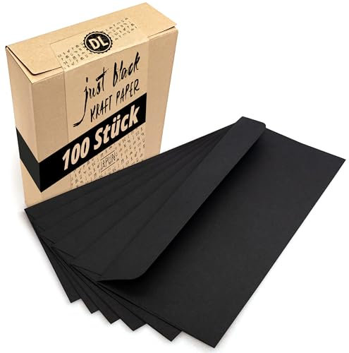Japun – Briefumschläge (100 Stück) aus Papier, Kuvert, Umschlag ohne Fenster - DIN lang - 220 x 110 mm - schwarz
