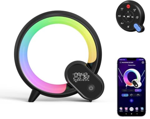 Intelligente LED Tischlampe, Wake Up Light Smart Wecker Simuliert, Dimmbare AtmosphäRenlampe Musik Alarm Clock Kalender Uhr Temperatur, APP Steuerung Nachtlicht Mit Bluetooth Lautsprecher