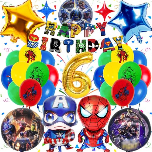 Marve Geburtstagsdeko 6 Jahre, 31 Stück Superhelden Geburtstag Luftballons, Avenge Geburtstag Deko, Superhelden Deko Geburtstag Kinder, Superheld Party Luftballons Dekoration mit 3D Folienballon