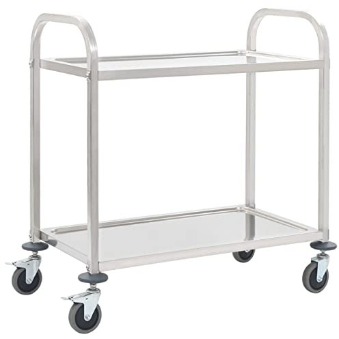 Gecheer Transportwagen mit Mit 4 Lenkrollen,2-Stufiger Servierwagen-Küchenwagen 96,5 x 55 x 90 cm (L x B x H) mit 2 Ebenen,Platzsparend Leichtgängige für für Hotel Restaurant und Home,Edelstahl