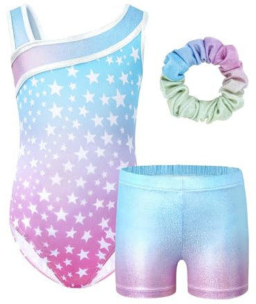 JiAmy Turnanzug Mädchen, Gymnastikanzug Kinder mit Hose Haarband Set, Glänzendes Gymnastik Turnanzug Leotard für 5-6 Jahre Blau Rosa Sterne