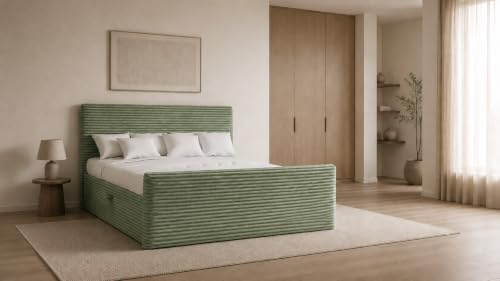 Kaiser Möbel - Bett 120x200 cm, Boxspringbett mit Bettkasten und Topper, Cord Schlafzimmerbett, Doppelbett mit Stauraum und Gepolstertes Kopfteil, Toppermatratze aus Viscoschaum - Trento - Olive