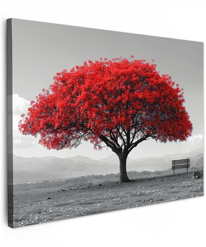 MuchoWow© Leinwand Bilder 40x30 cm Wanddeko Wohnzimmer Aesthetic Room Decor Deko Zimmer Wandbilder Modern Bild auf Leinwand Baum - Rot - Natur - Schwarz und Weiß