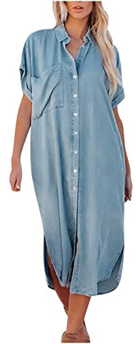 Womens Summer Short Sleeve Button Down Denim Dress Casual Bell Sleeve Loose Fit Midi Shirt Dress with Pockets