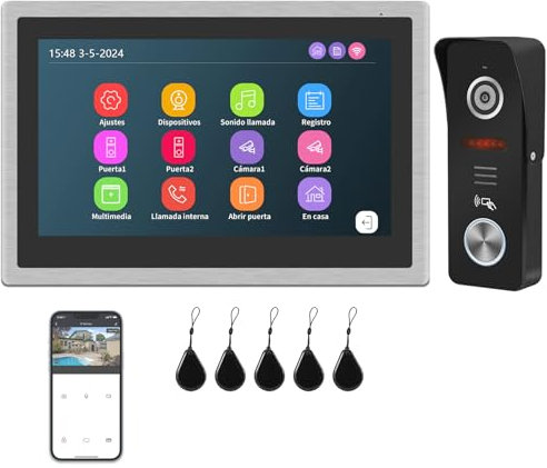 Karmen Tuya WiFi-Video-Türsprechanlage, 10-Zoll-Touchscreen, Aluminiumrahmen, 1080p-Türklingel für den Außenbereich, RFID-Entriegelung, Smartphone-Steuerung